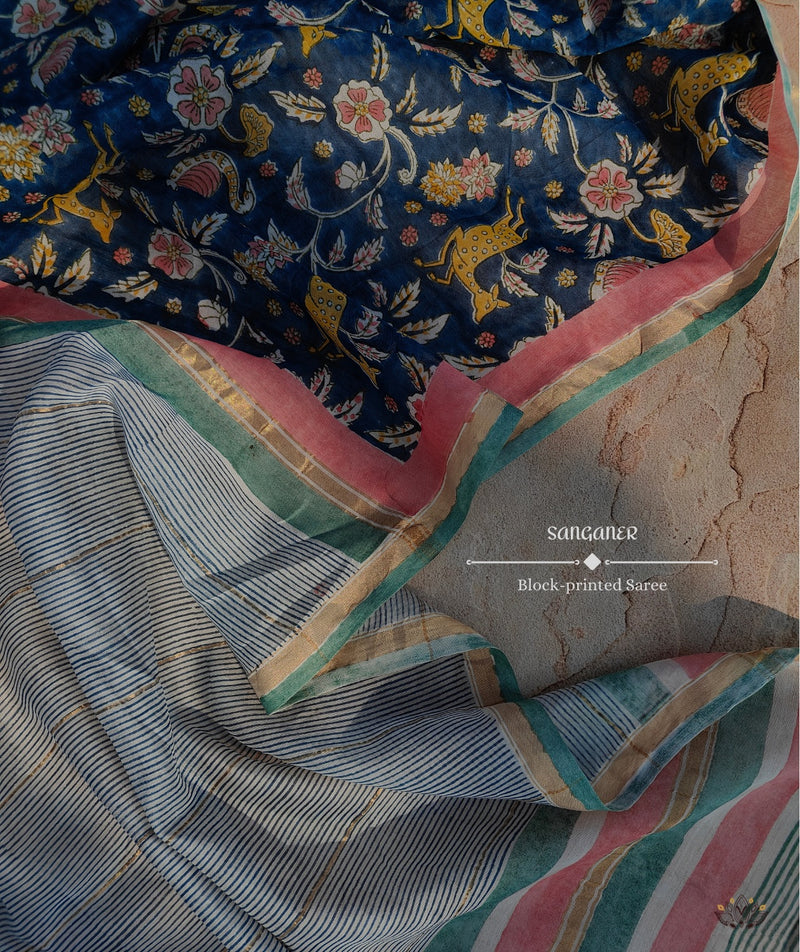 Exclusive Amounee Sangneer Hand Block Printed Chanderi Saree