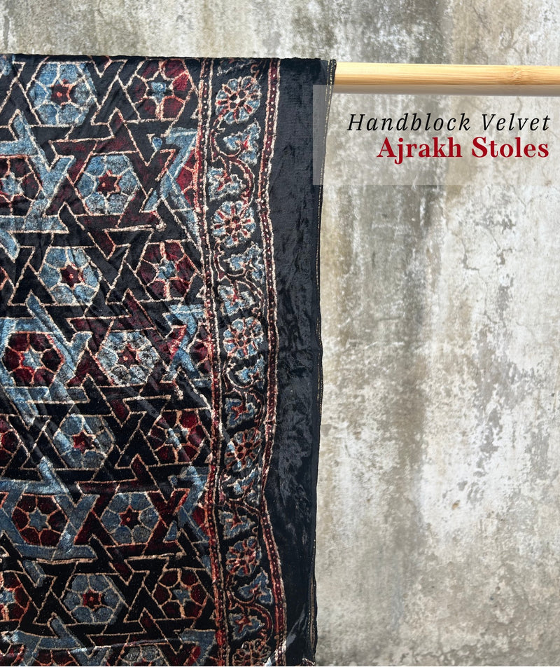 AJRAKH VELVET HANDBLOCK PRINTED STOLE