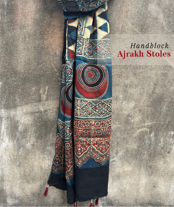 Ajrakh modal silk hand block printed stole