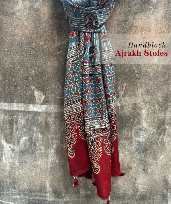 Ajrakh modal silk hand block printed stole