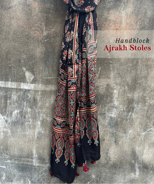 Ajrakh modal silk hand block printed stole