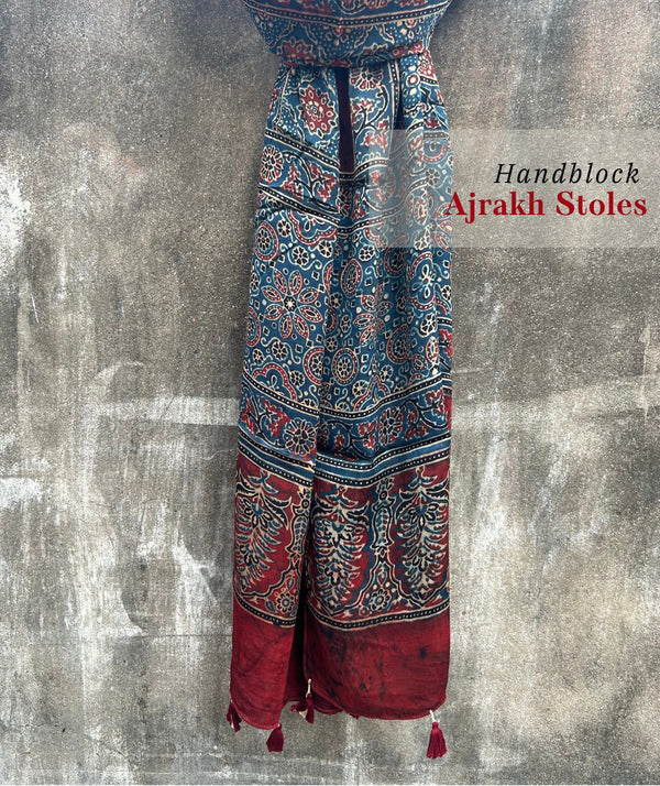 Ajrakh modal silk hand block printed stole