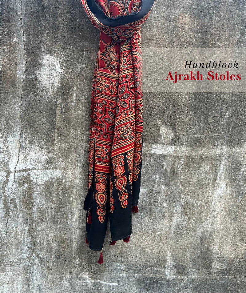 Ajrakh modal silk hand block printed stole