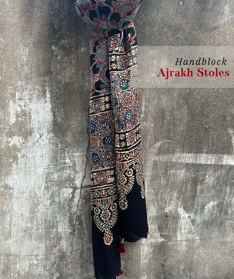 Ajrakh modal silk hand block printed stole