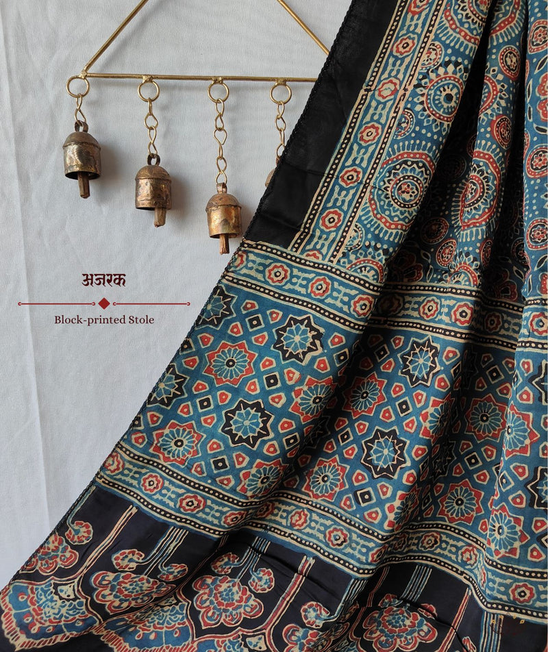 Ajrakh modal silk hand block printed stole