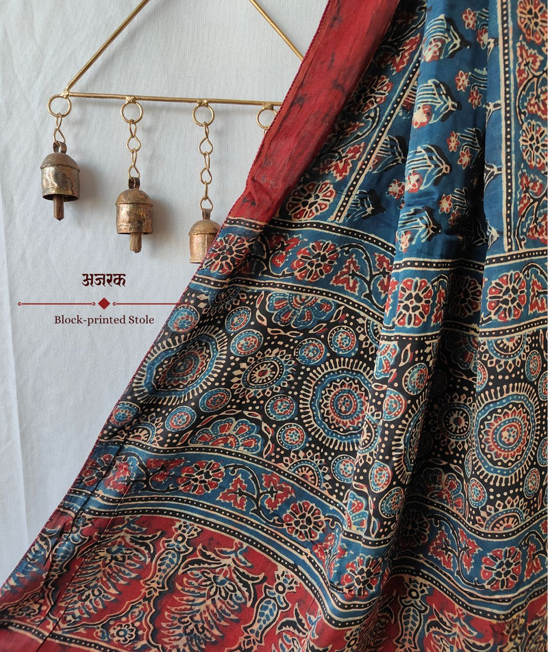 Ajrakh modal silk hand block printed stole