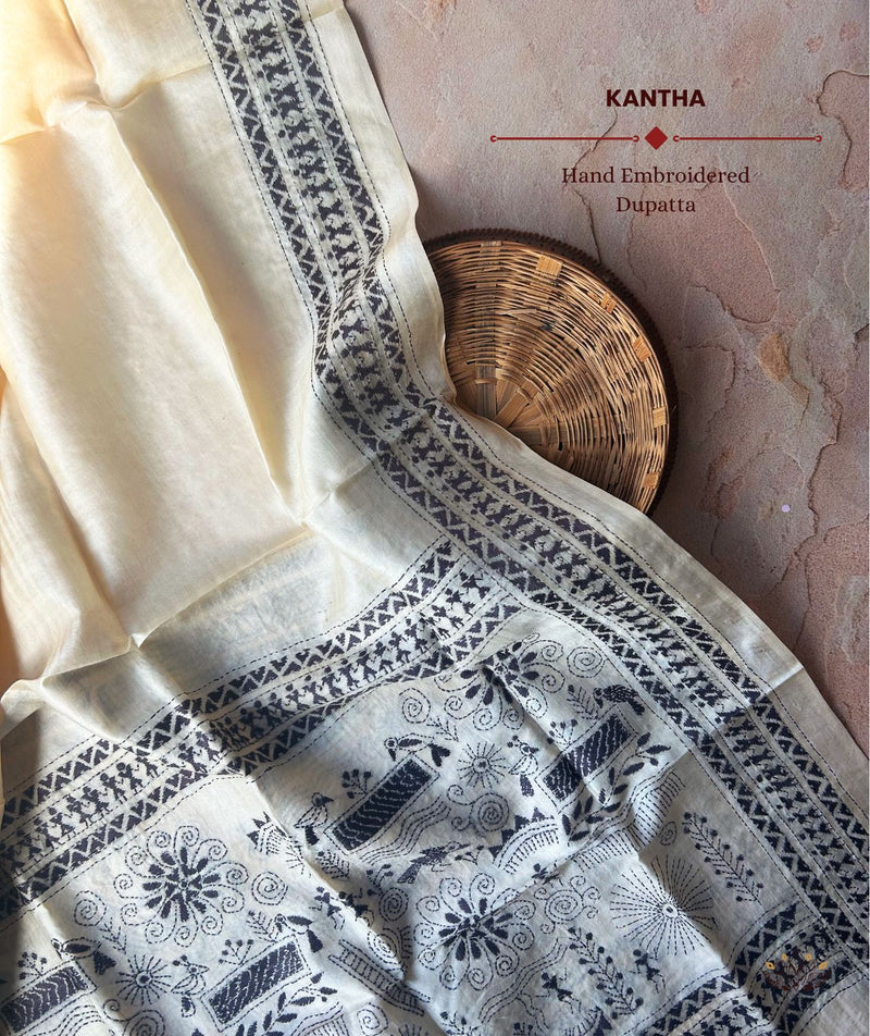 Kantha Embroidered Art Silk Dupatta