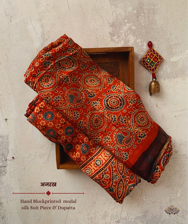 AJRAKH MODAL SILK HAND BLOCK PRINTED TWO PIECE SUIT