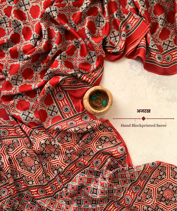 Ajrakh modal silk hand block printed saree