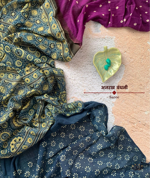 AJRAKH BANDHINI HAND BLOCK PRINTED SAREE