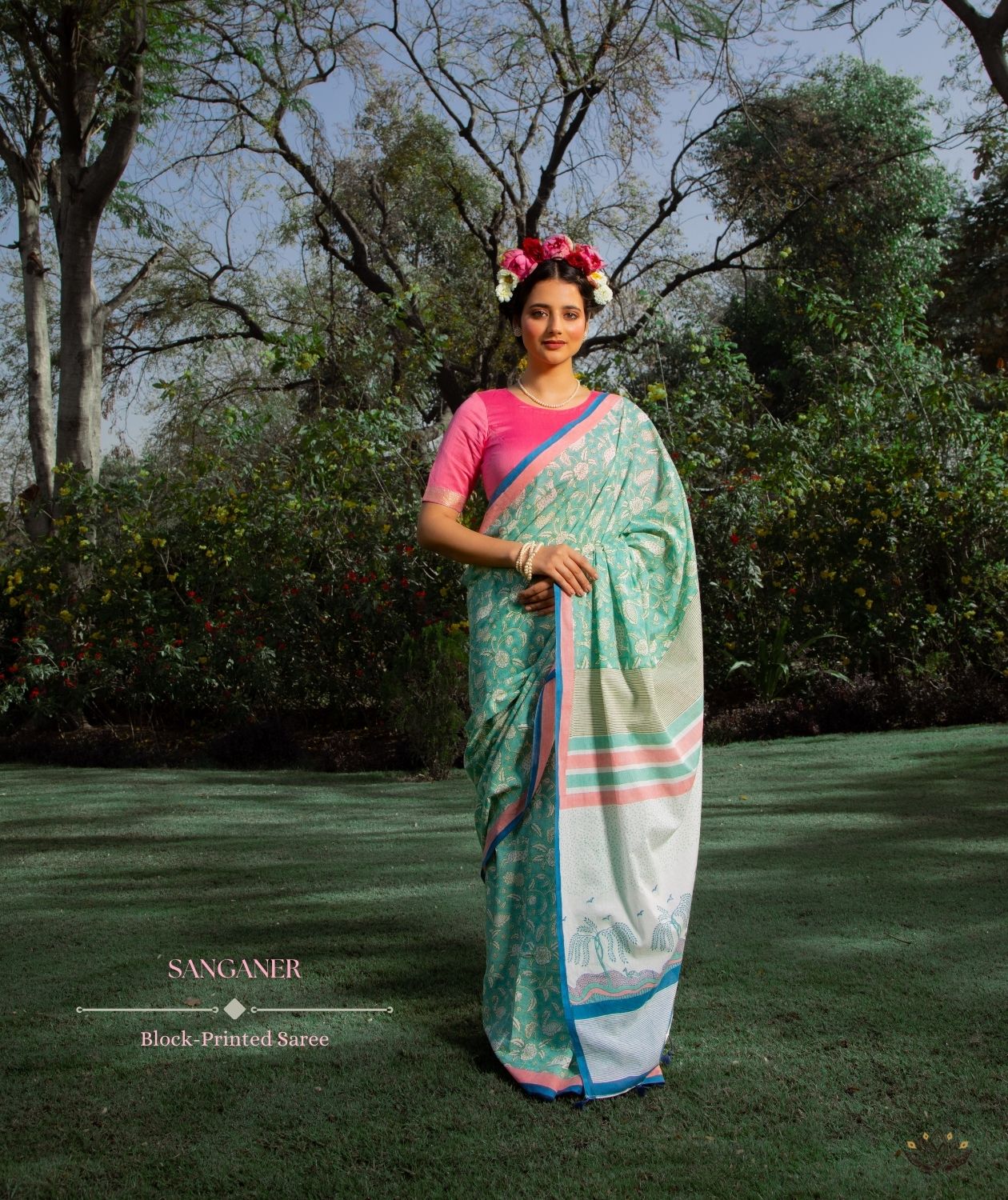 Exclusive Amounee Sangneer Hand Block Printed Cotton Saree