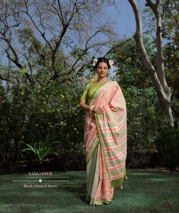 Exclusive Amounee Sangneer Hand Block Printed Cotton Saree