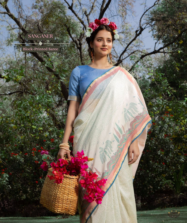 Exclusive Amounee Sangneer Hand Block Printed Chanderi Saree