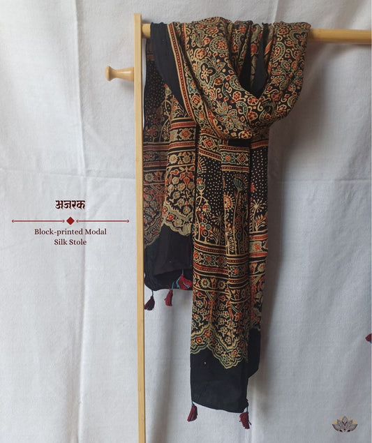 Ajrakh modal silk hand block printed stole