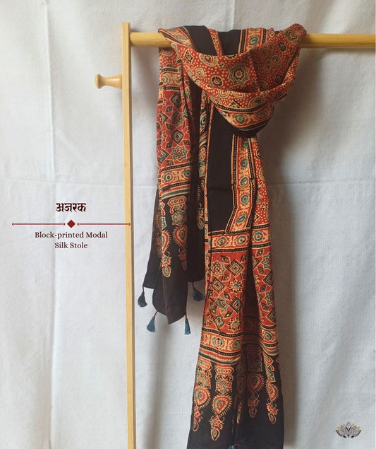 Ajrakh modal silk hand block printed stole