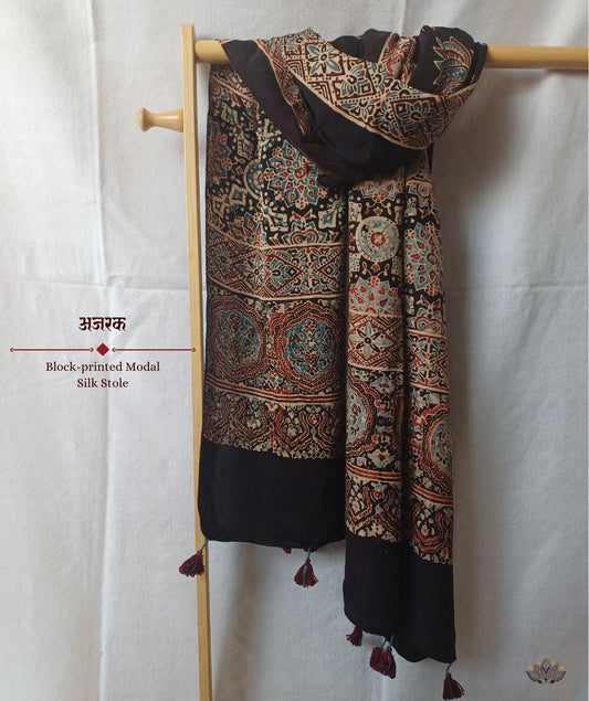 Ajrakh modal silk hand block printed stole