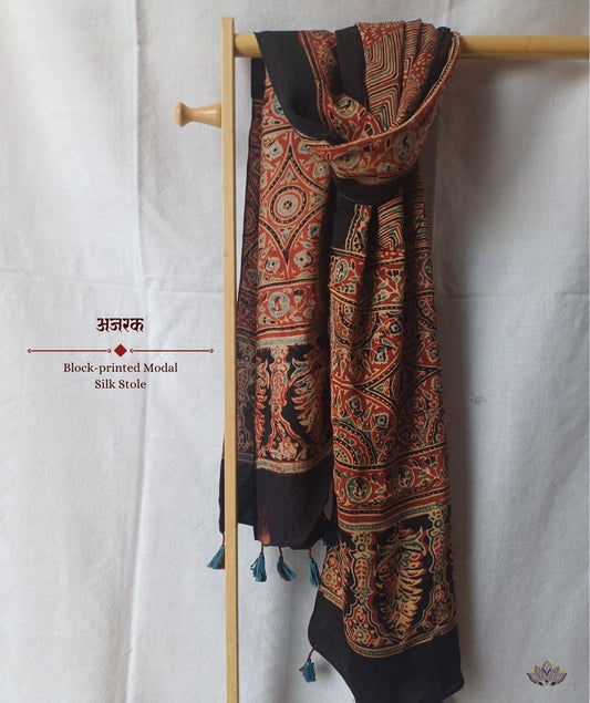 Ajrakh modal silk hand block printed stole