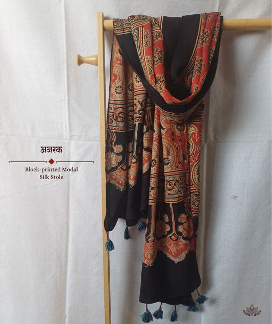 Ajrakh modal silk hand block printed stole