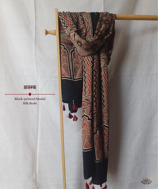 Ajrakh modal silk hand block printed stole