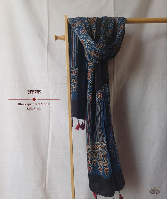 Ajrakh modal silk hand block printed stole