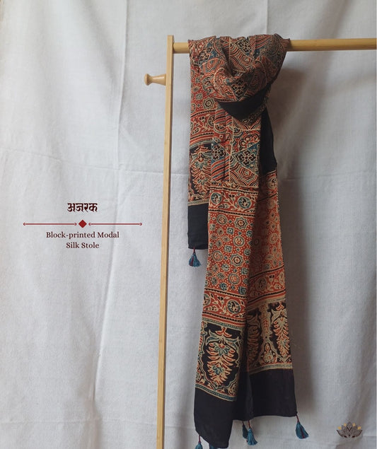 Ajrakh modal silk hand block printed stole