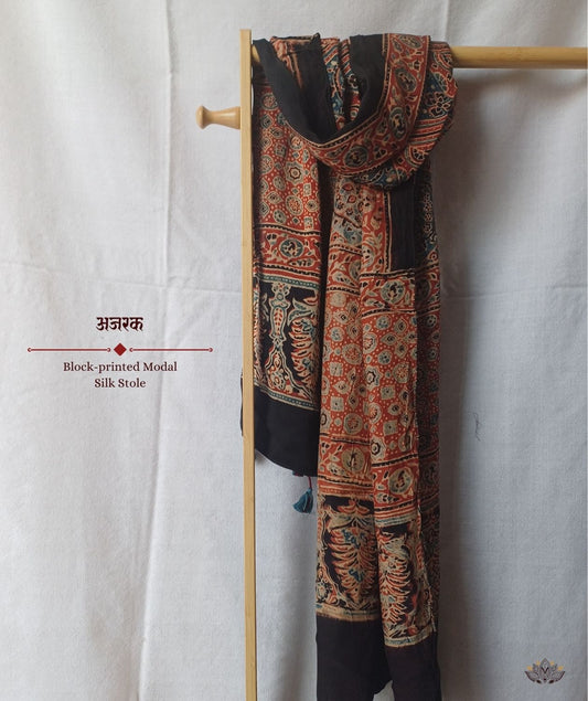 Ajrakh modal silk hand block printed stole