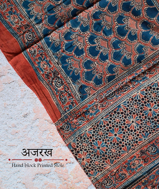 Ajrakh cotton hand block printed stole