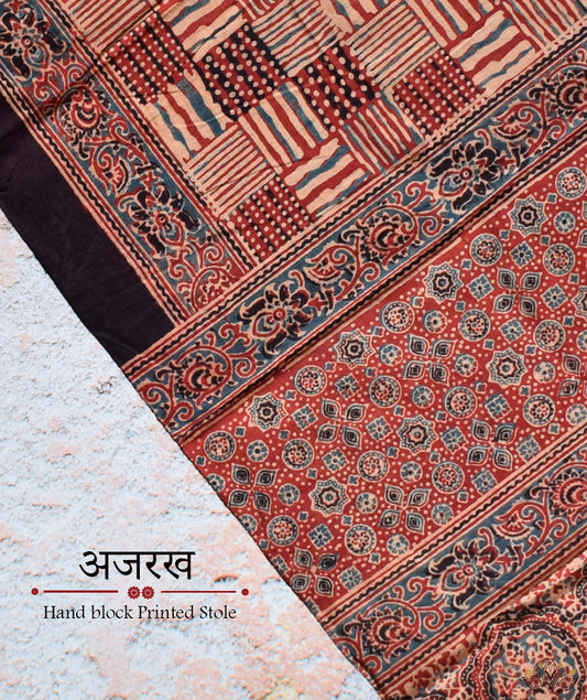 Ajrakh cotton hand block printed stole