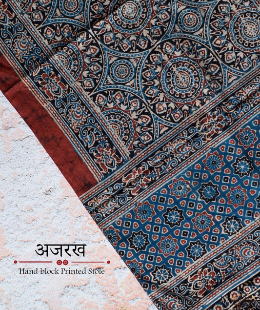 Ajrakh cotton hand block printed stole
