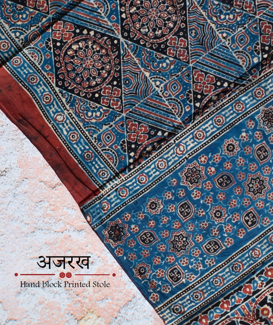 Ajrakh cotton hand block printed stole