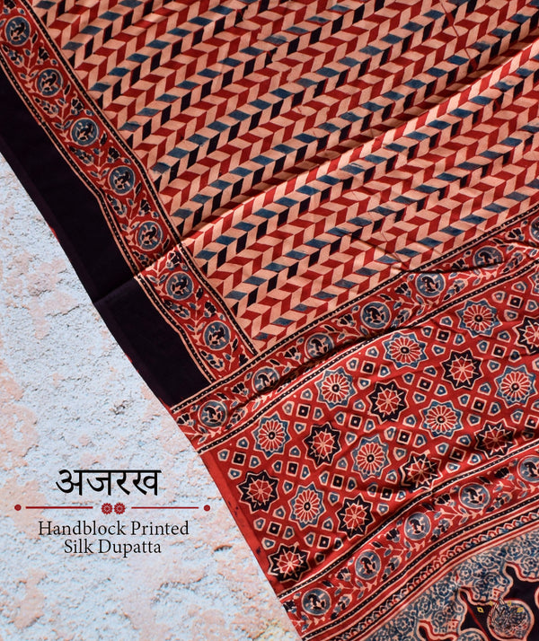 Ajrakh modal silk hand block printed dupatta