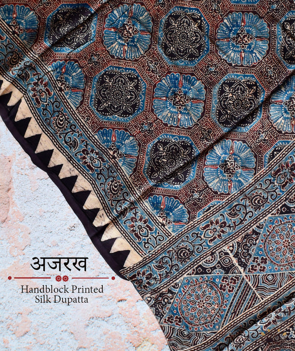 Ajrakh modal silk hand block printed dupatta