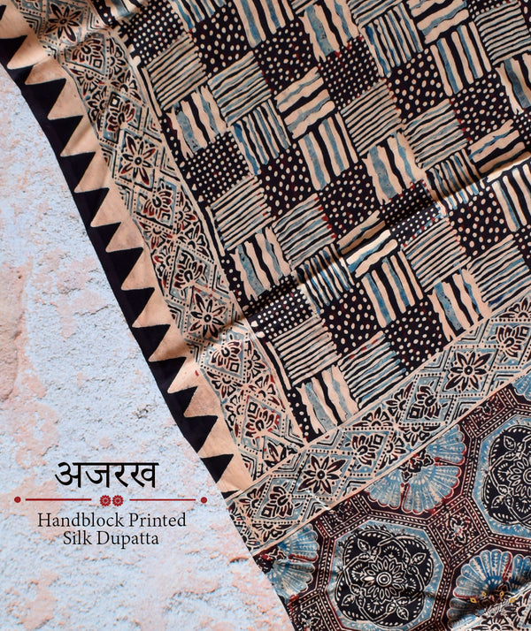 Ajrakh modal silk hand block printed dupatta