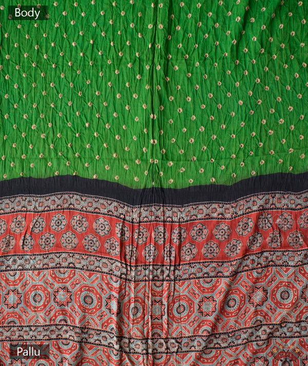 Ajrakh Bandhini Cotton hand block printed saree