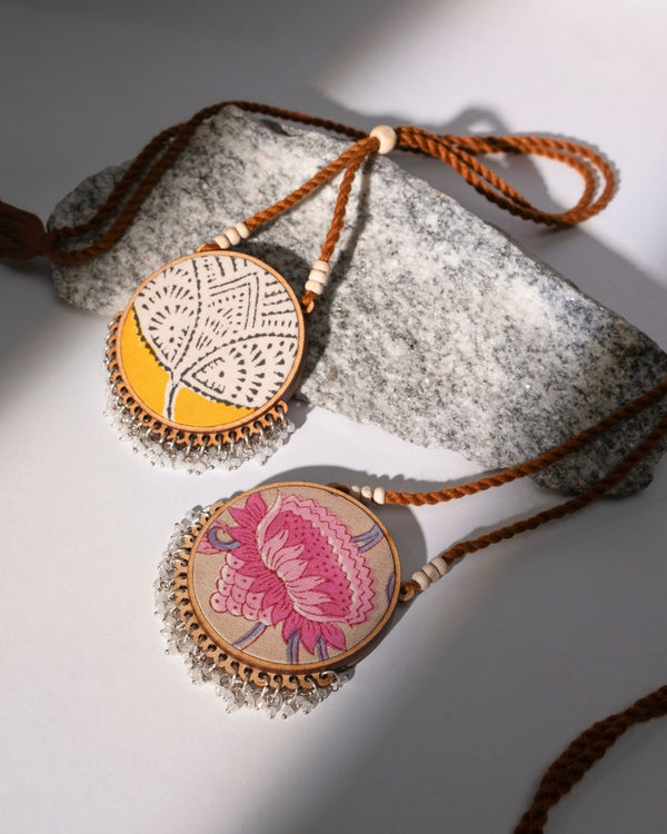 WHE Two in One Pink Yellow Repurposed Fabric and Wood Round Pendant
