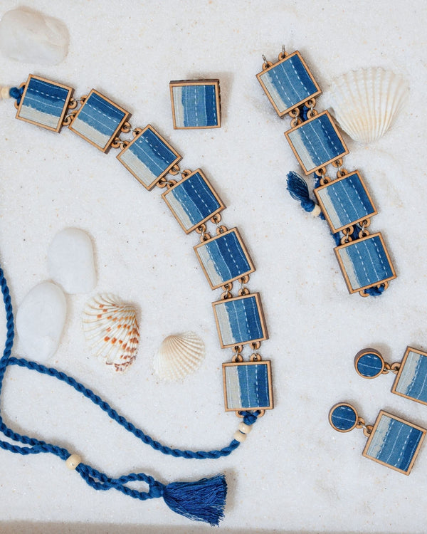 WHE Shades of Indigo Blue Repurposed Fabric and Wood Square Choker