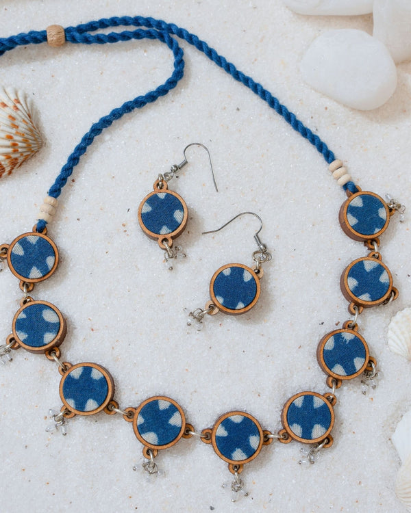 WHE Indigo Blue Repurposed Fabric and Wood Choker