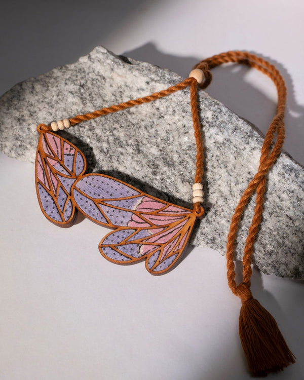WHE Purple Bloom Leaf Motif Repurposed Fabric and Wood Necklace