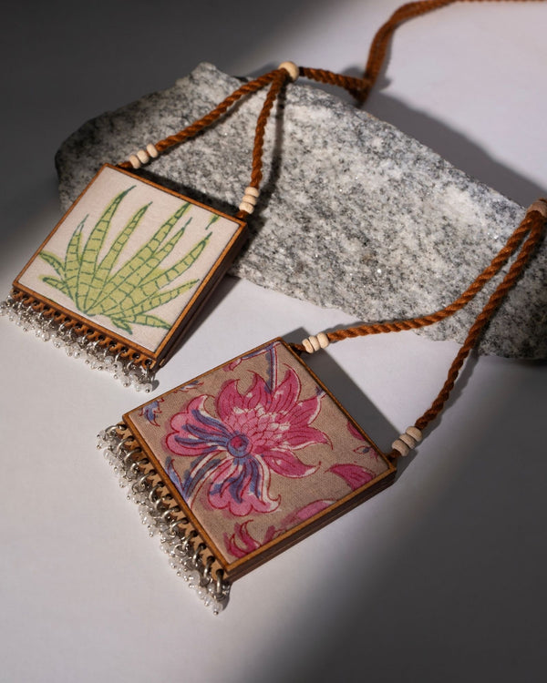 WHE Two in One Floral Pink and Green Square Repurposed Fabric and Wood Pendant