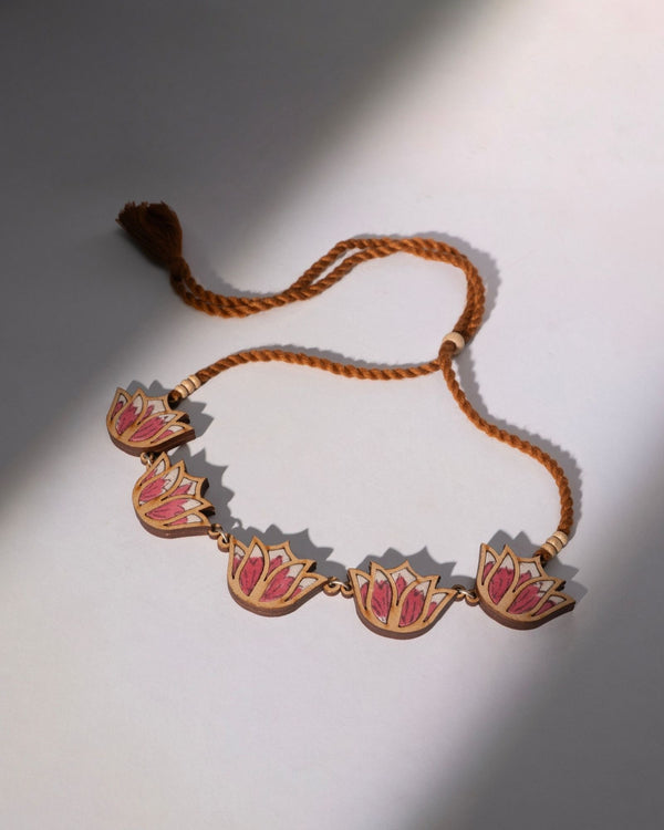 Whe Pink Bloom Lotus Repurposed Fabric and Wood Necklace