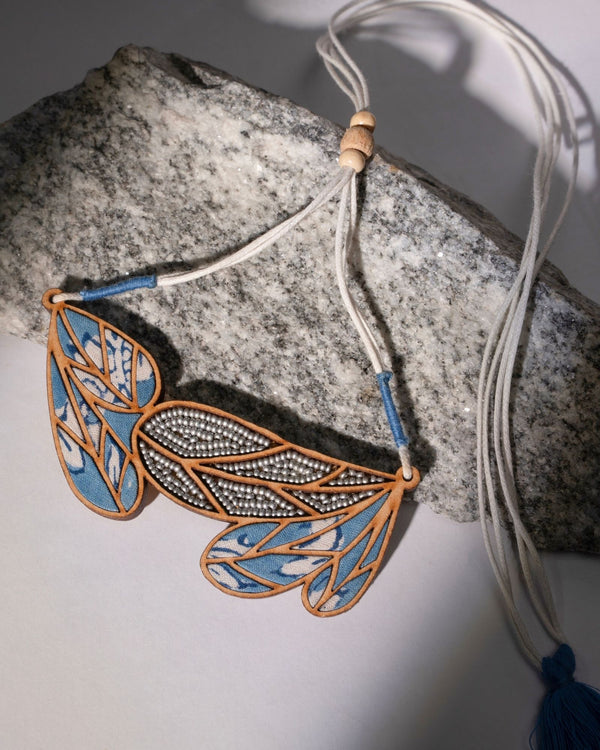 WHE Blue Bloom Leaf Motif Repurposed Fabric and Wood Necklace
