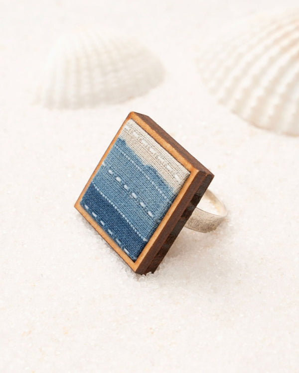 WHE Shades of Indigo Blue Repurposed Fabric and Wood Square Ring