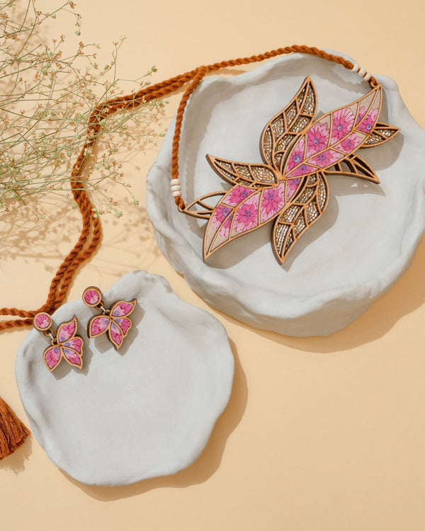 WHE Pink Bloom Repurposed Fabric and Wood Leaf Earrings