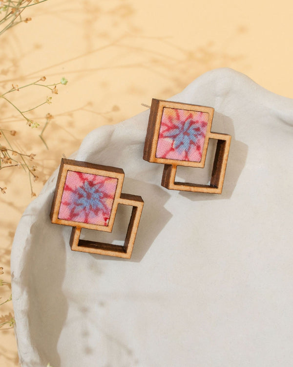 WHE Double Square Pink Repurposed Fabric and Wood Earrings