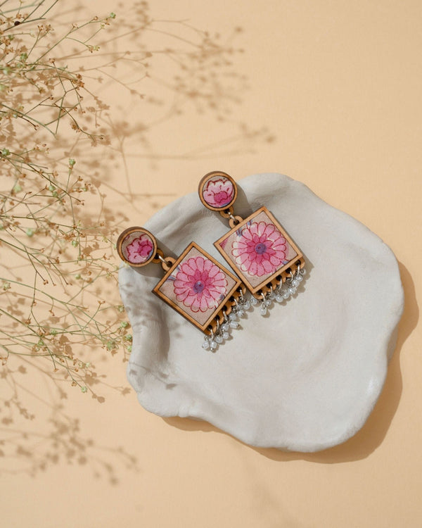 WHE Floral Pink Square Repurposed Fabric and Wood Earrings