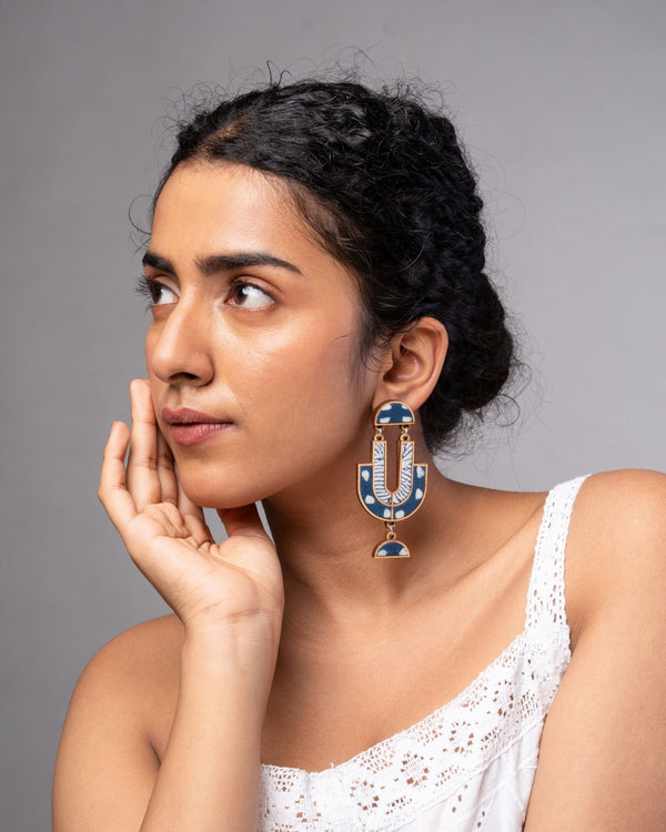 WHE Indigo Blue Repurposed Fabric and Wood Statement Earrings