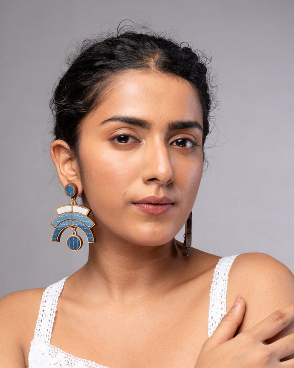 WHE Shade of Indigo Blue Arch Repurposed Fabric and Wood Earrings