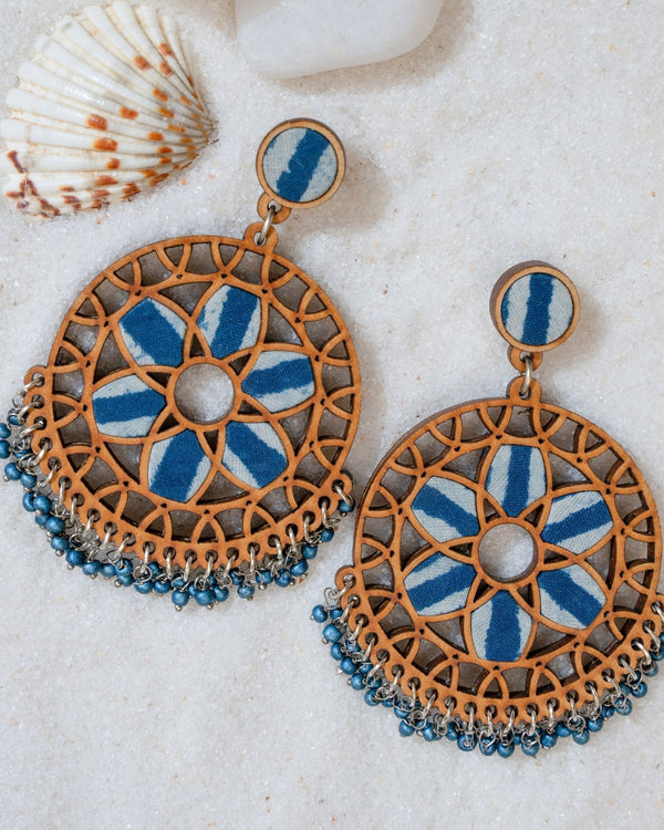 WHE Indigo Blue Wheel Repurposed Fabric and Wood Earrings