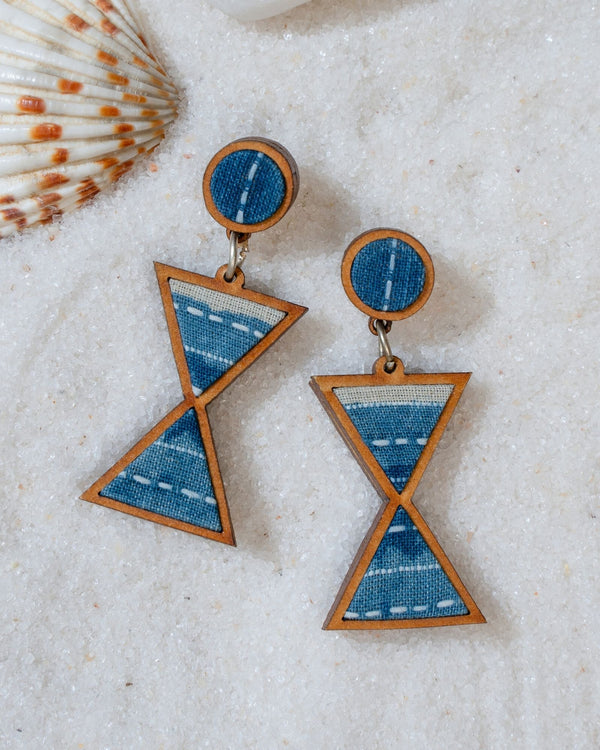 WHE Shades of Indigo Blue Warli Inspired Repurposed Fabric and Wood Earrings