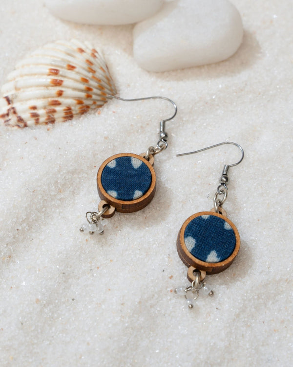 WHE Indigo Blue Fabric and Repurposed Wood Danglers
